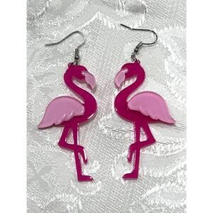 NEW Lightweight Acrylic Pink Flamingo Dangle Wire Earrings